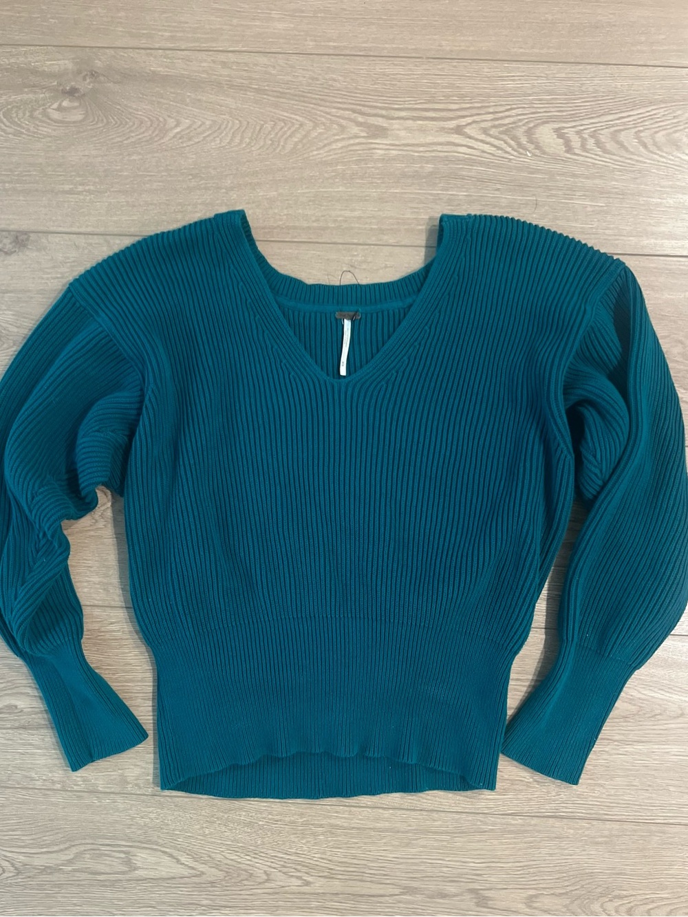 Free People Teal Ribbed V-Neck Sweater